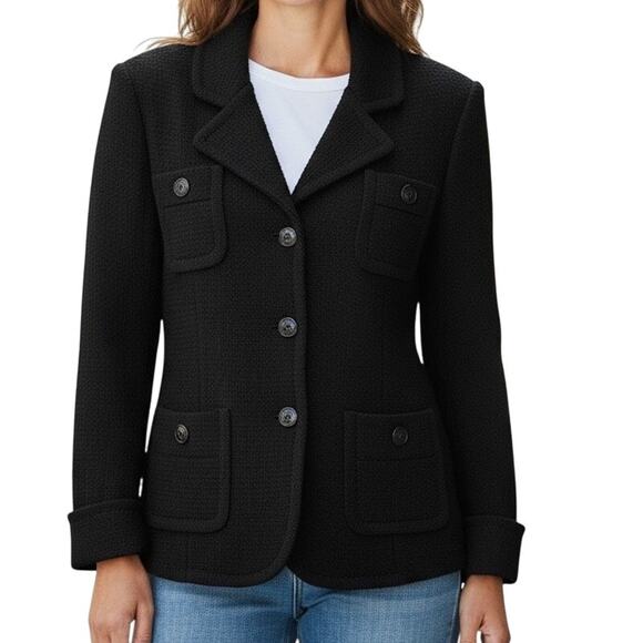 St. John Jackets & Blazers - St John Caviar Santana Knit Blazer Jacket Women 6 Black Button Pockets Old Money